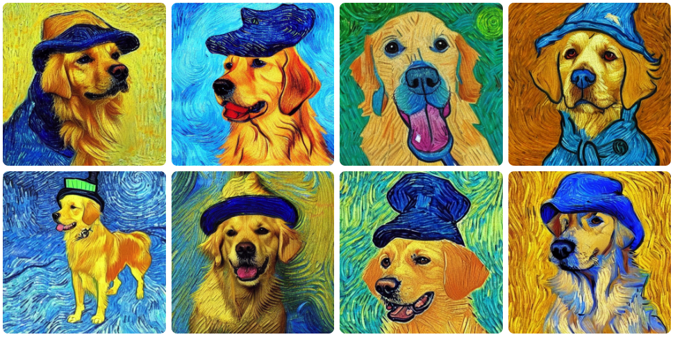 A dog with a hat van gogh style